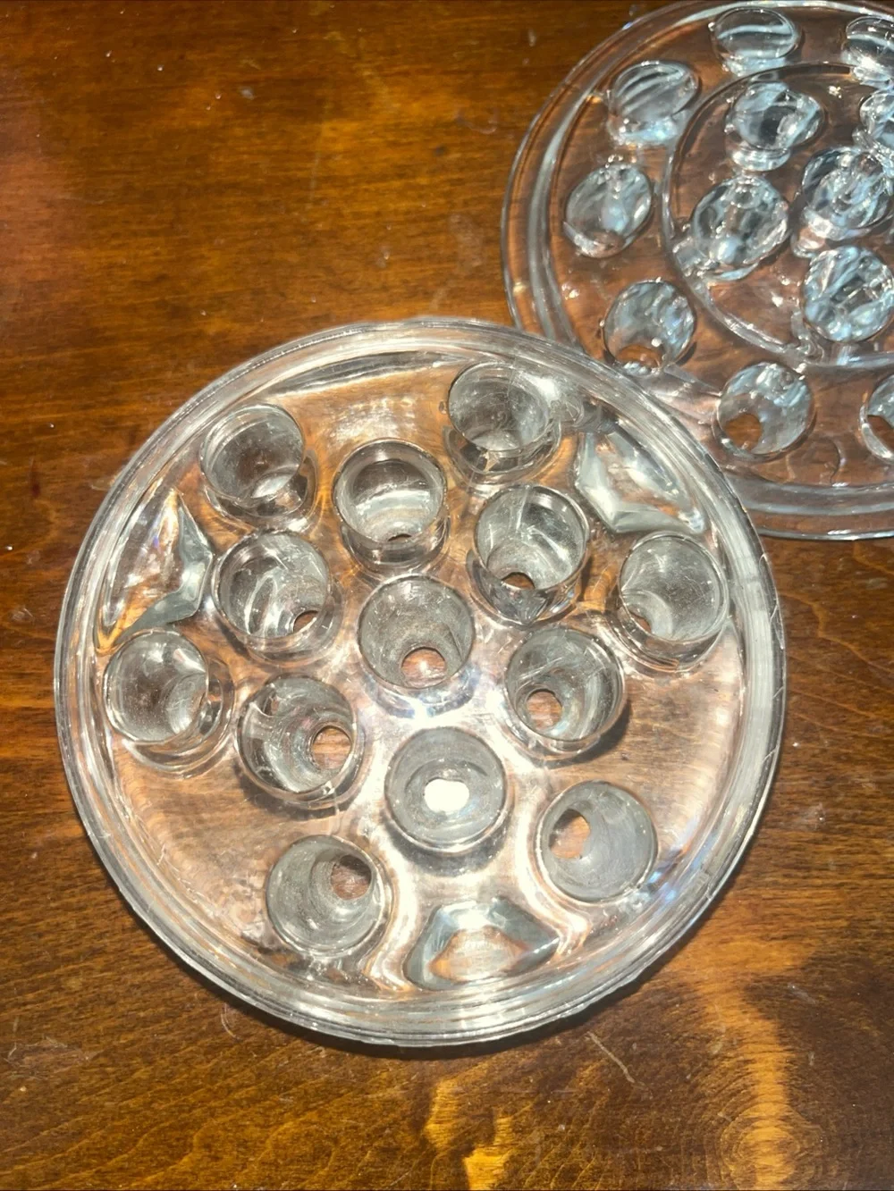 Two Vintage 5” 13 & 16 Hole Glass Flower Frogs Nice